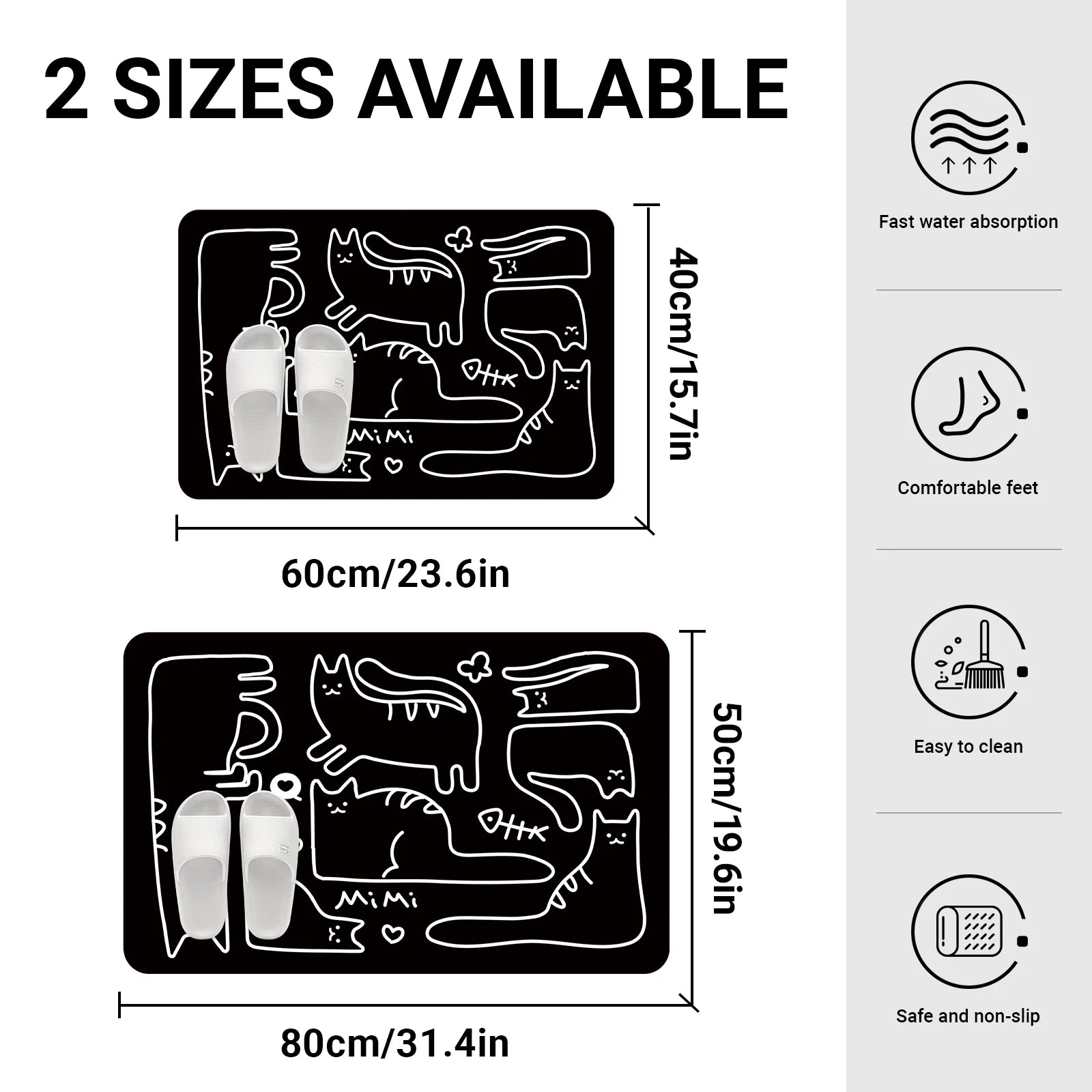 Tapis de Bain Chat – Noir & Blanc, Style Coréen