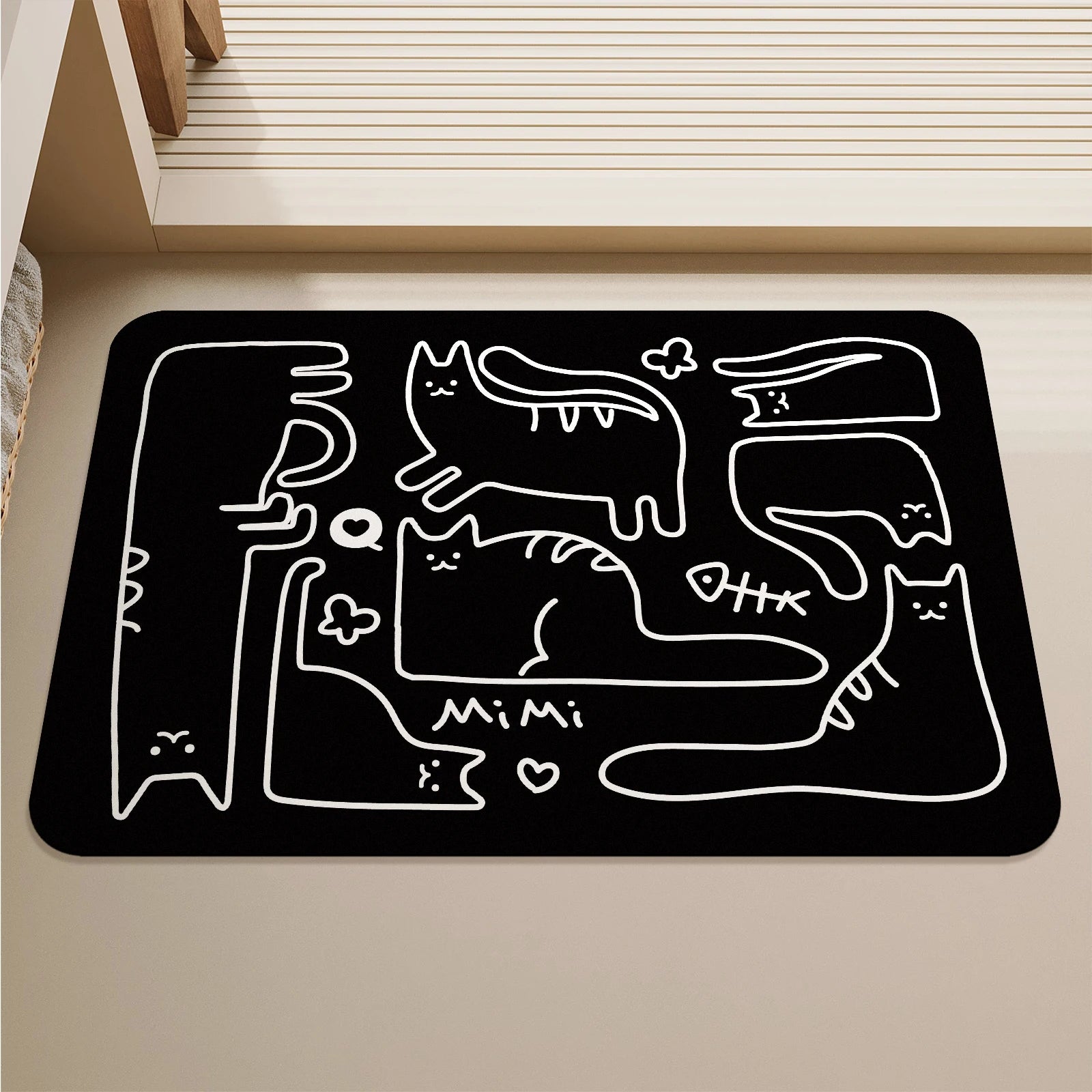 Tapis de Bain Chat – Noir & Blanc, Style Coréen