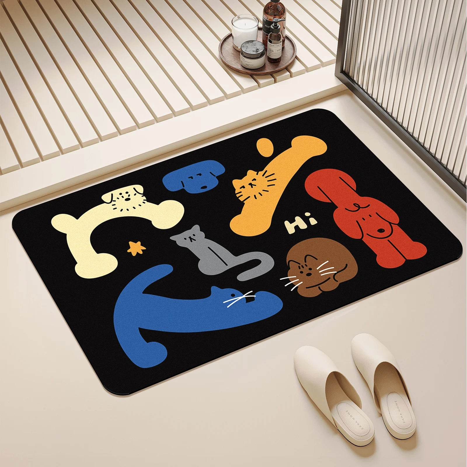 Tapis de Bain Coloré – Chat & Géométrie, Style Coréen