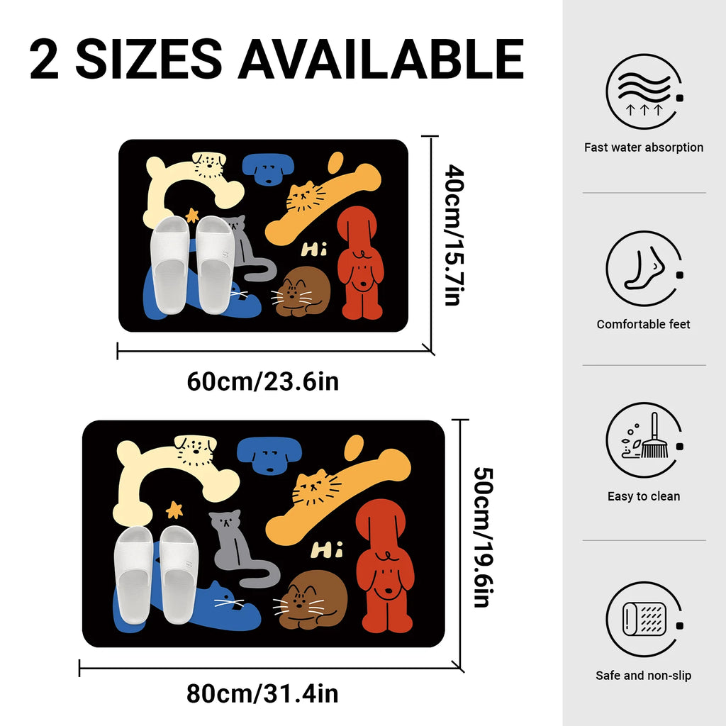 Tapis de Bain Coloré – Chat & Géométrie, Style Coréen