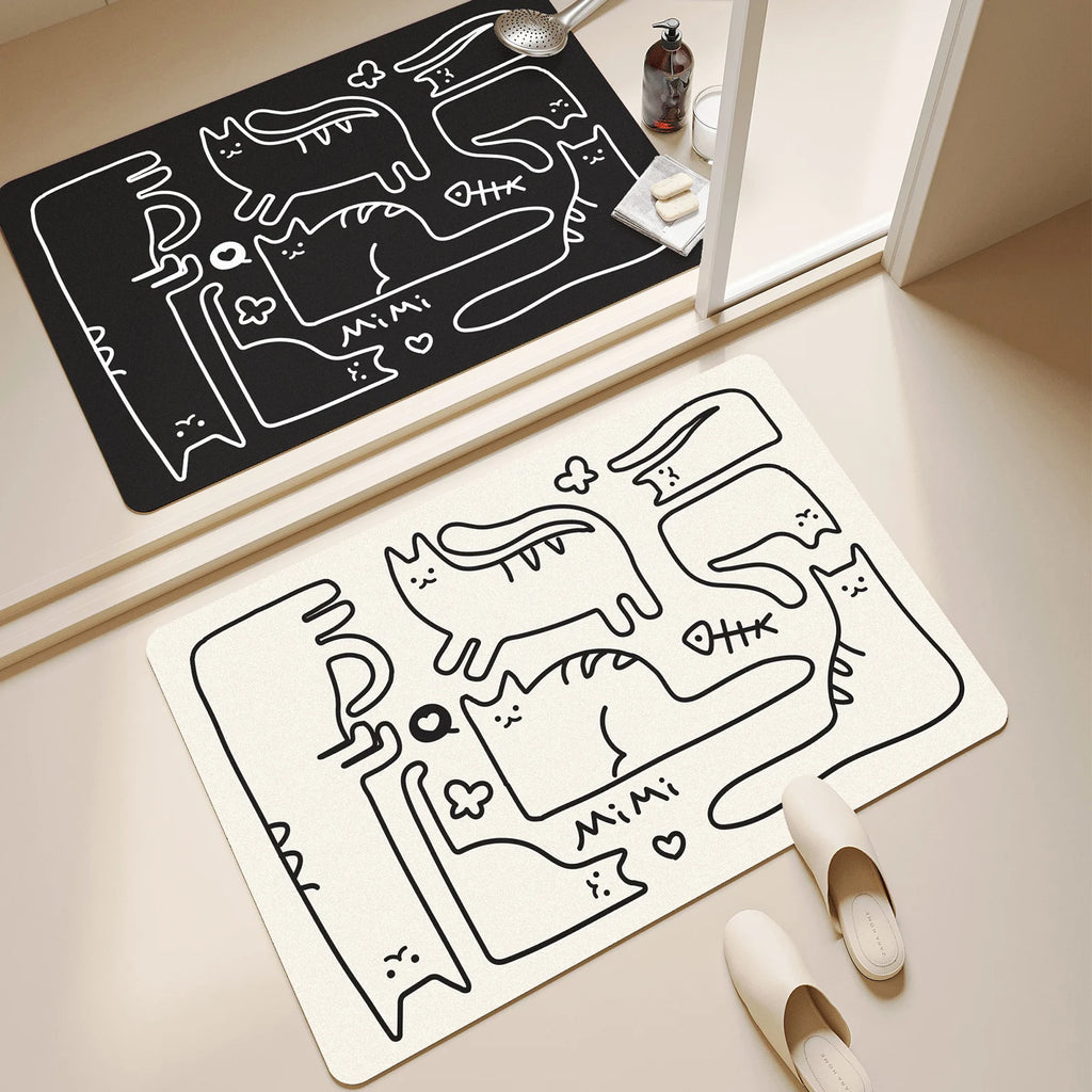 Tapis de Bain Chat – Noir & Blanc, Style Coréen