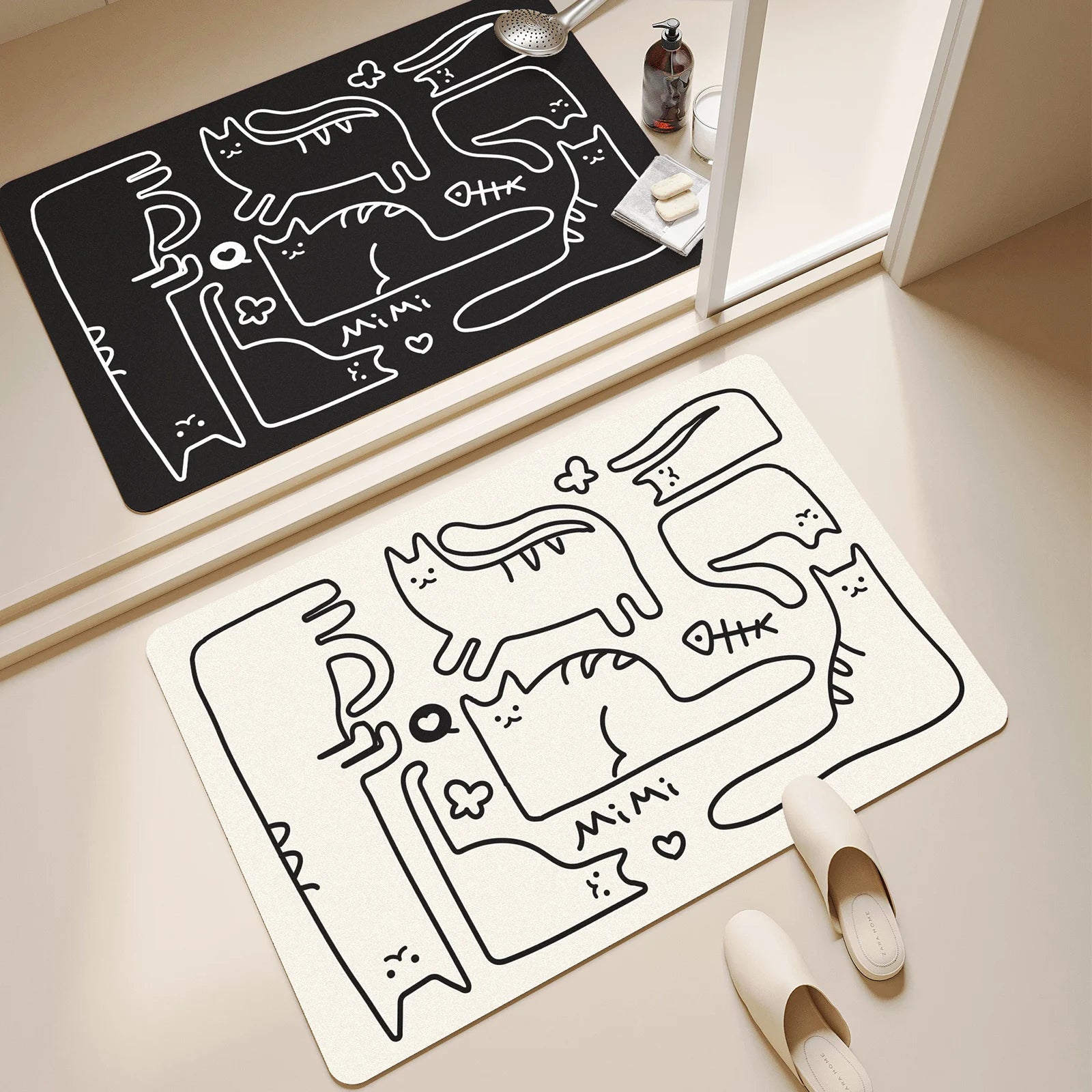Tapis de Bain Chat – Noir & Blanc, Style Coréen